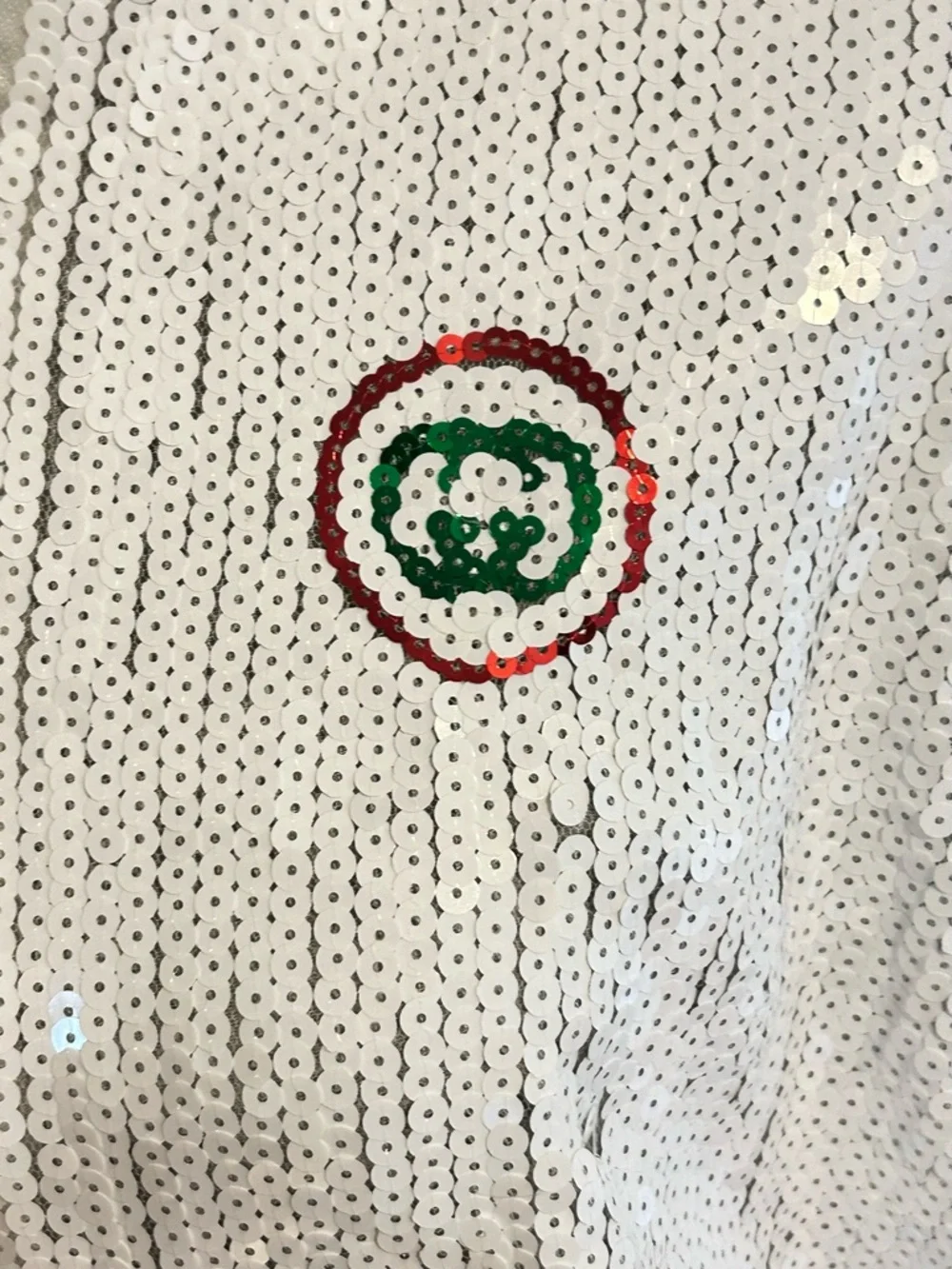White Sequin Zip-Front Bomber Jacket with Green and Red Accent - Picture 2 of 3